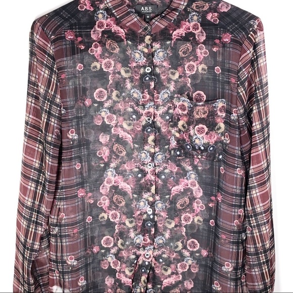 ABS Allen Schwartz Floral Plaid Sheer Blouse M - Picture 4 of 16